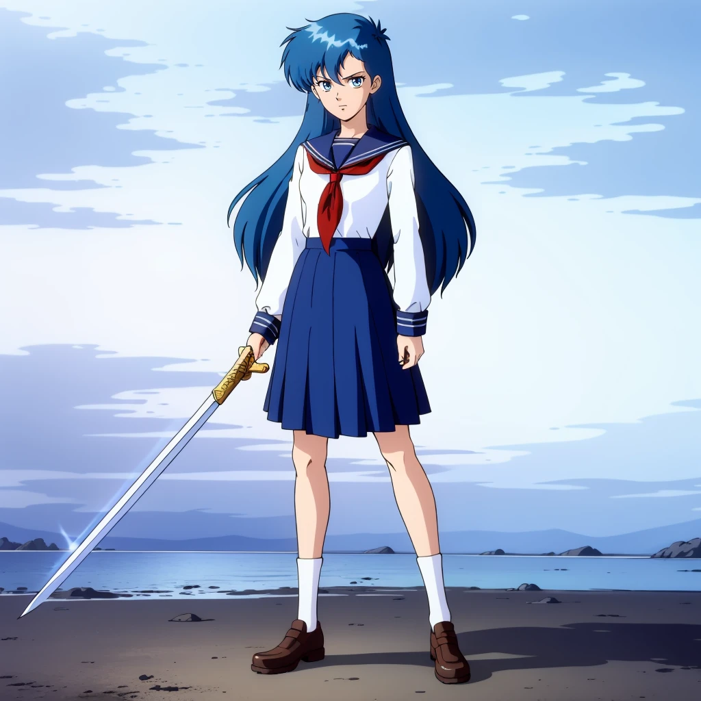 <lora:YuukoAsou004:0.7>,
YuukoAsou,1girl,
blue hair,long hair,blue eyes,
white shirt,long_sleeves,blue sailor collar,
red neckerchief,
blue long skirt,
school,
full body,standing,holding a sword,