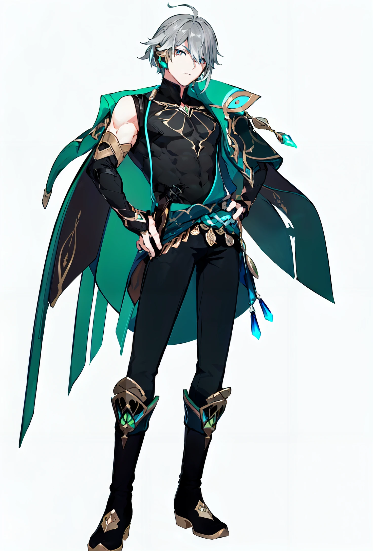 8k, best quality, masterpiece, (ultra-detailed:1.1), (high detailed skin),
(full body:1.3), white background, standing, looking at viewer, (solo:1.4), hand on hip,
<lora:aierhaisen-v100:0.8>, 1boy, aierhaisen, male focus, grey hair, bangs, black footwear, green cape, boots, pants, partially fingerless gloves, ahoge, shirt, man,strong
(white background, simple background:1.6),
(beautiful_face), ((intricate_detail)), clear face,
((finely_detailed)), fine_fabric_emphasis,
((glossy)), full_shot,