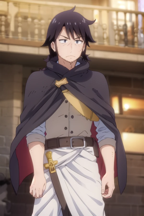 reviewerstunk, <lora:reviewer stunk male s1-lora-nochekaiser:1>,
stunk, black hair, male focus, facial hair, beard, stubble, (black eyes:1.5),
BREAK belt, pants, sword, cape, cloak, white pants,
BREAK outdoors,
BREAK looking at viewer, (cowboy shot:1.5),
BREAK <lyco:GoodHands-beta2:1>, (masterpiece:1.2), best quality, high resolution, unity 8k wallpaper, (illustration:0.8), (beautiful detailed eyes:1.6), extremely detailed face, perfect lighting, extremely detailed CG, (perfect hands, perfect anatomy),