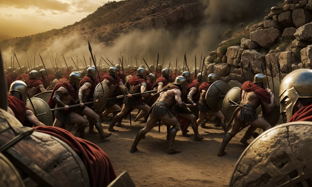 300sprtns, epic battle, otherworldly, battle of Thermopylae, best quality, masterpiece, trending on arstation,