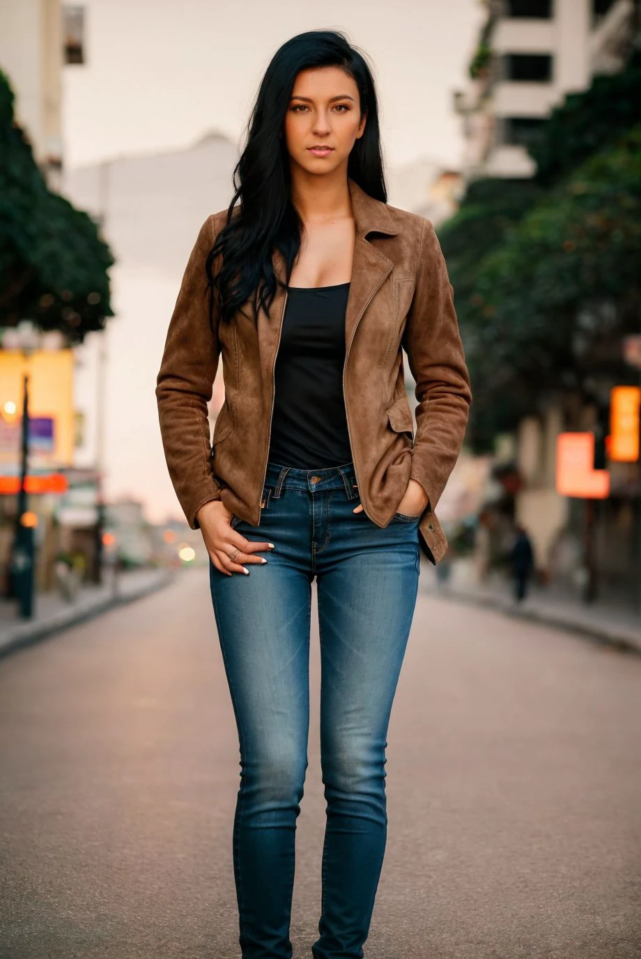 A full color portrait of a beautiful woman wearing a brown suede jacket with skinny jeans,Rio de Janeiro, Brazil at twilight,dark hair, epic character composition,by ilya kuvshinov, alessio albi, nina masic,sharp focus, subsurface scattering, f2, 35mm, film grain ,long wavy black hair <lora:Emargan:1>