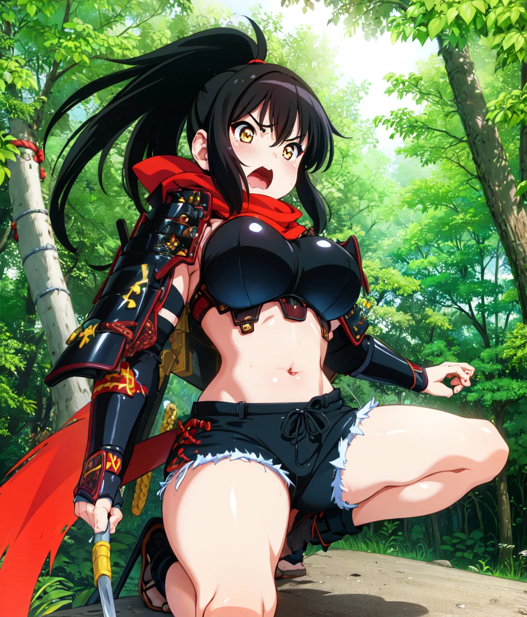 anime screencap, masterpiece, best quality, detailed face, detailed eyes, 1girl, solo, black hair. yellow eyes, ponytail, black costume, samurai armor, red carf, big breasts, shorts, full body, angry, cowboy shot, jumping, forest, outdoors <lora:Izumi:0.8>