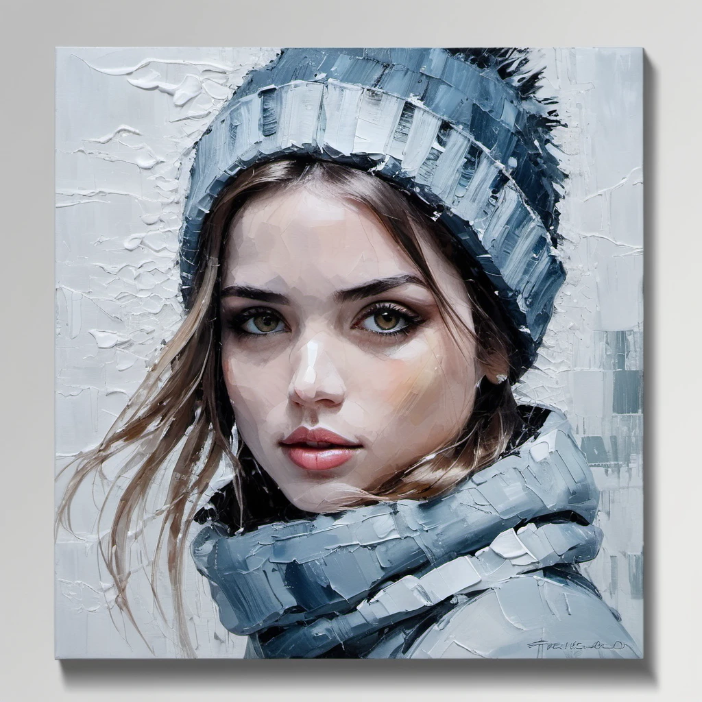 ((Abstract)) minimal palette knife canvas painting of a stunning young woman with a winter theme,subtle colors, minimalist, faint,    <lora:anarmas2_xl4_standard-merger_36_55_70_92_025_025_025_025:1>
