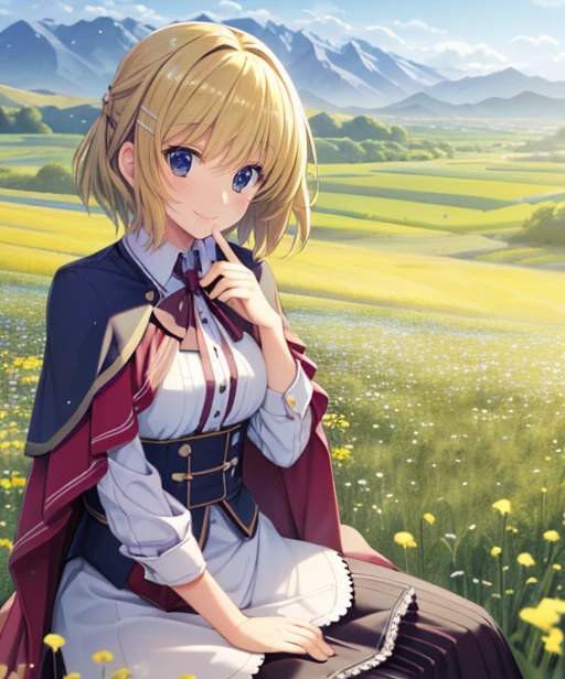 portrait, (adult woman), sitting, picking flowers, (1girl, solo), smile, (blonde hair), ((field, rolling hills)), (distant mountains), ((best quality, high detail)), ((masterpiece)), hairclip, cape, <lora:1_lucie_20e:1>
