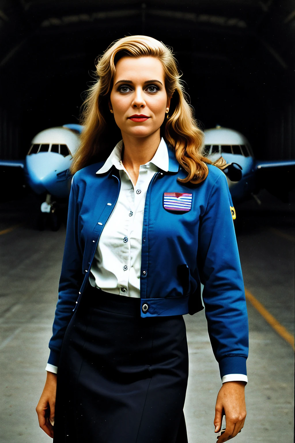 (Color Photo:1.3), best quality, portrait of cute girl, 21 years old, (British Women's Auxiliary Air Force (WAAF) Uniform: Khaki/blue-gray, jacket and skirt, shirt and tie, black stockings, service cap:1.3), (stockings:1.2), (instaphoto:1.2), (beautiful blue eyes:1.3), (Betty Grable Haircut:1.2),c4m3lt0 ,symmetrical face, (looking at camera:1.3), Holding an umbrella pose, (WWII, Radio Room, Radio equipment, headphones, microphones, Morse code devices, papers with codes:1.2), analog, pastel color, masterpiece, (slim body:1.1), (beautiful facial features:1.1), soft and natural skin, (pale skin:1.2), perfect body, detailed textured, cotton fabric, cinematic lighting, by robert capa,<lyco:InsPX:0.5> , <lora:flat2:-0.3> <lora:LowRAv2:0.2> <lora:add_detail:0.3>