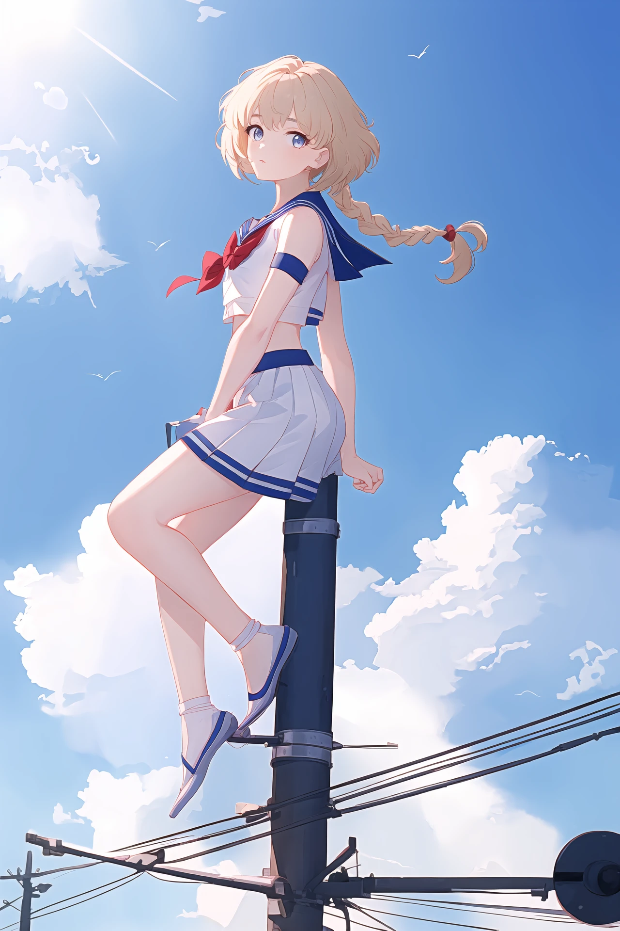 (best quality, masterpiece, highres),1girl,solo,fishtail braid,sailor senshi costume,eye contact,looking at viewer,sky,cloud,
<lora:on utility pole_v1.07bw:1>,on utility pole,
