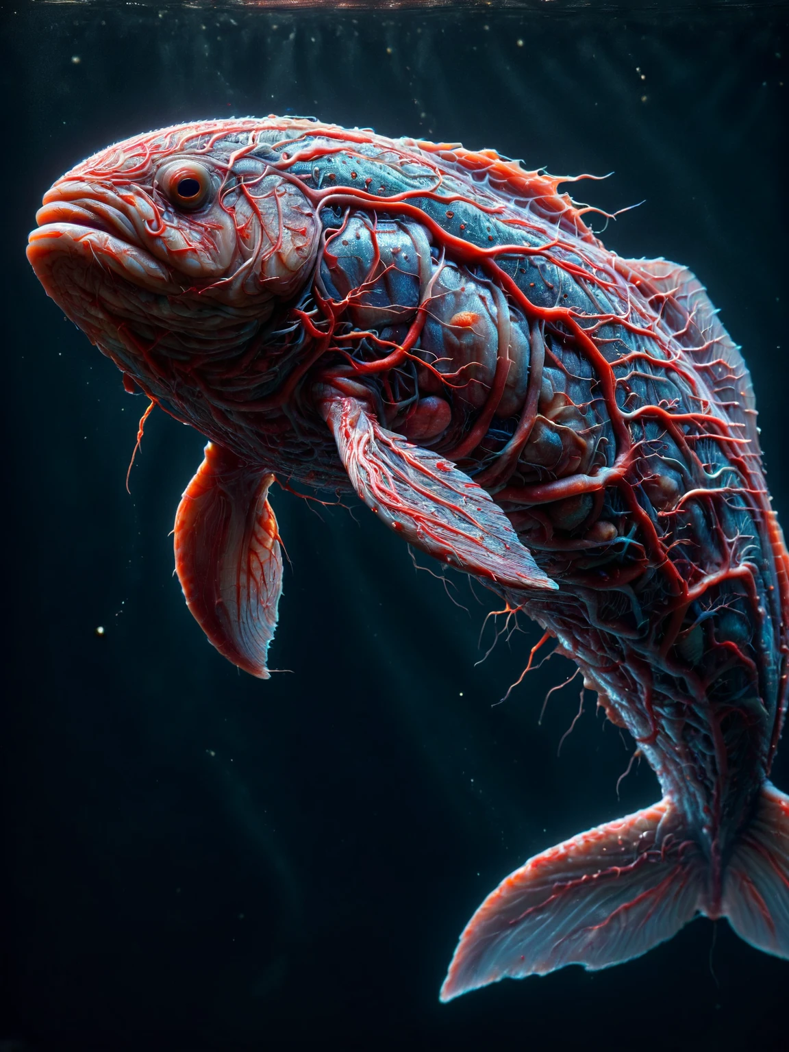 An ais-vesselz fish, its scales transparent, its flesh shimmering with internal ais-vesselz, swimming through a dark, murky abyss. <lora:Vessels_Style_SDXL:1>