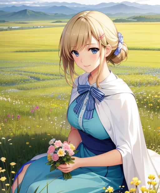 portrait, (adult woman), sitting, picking flowers, (1girl, solo), smile, (blonde hair), ((field, rolling hills)), (distant mountains), ((best quality, high detail)), ((masterpiece)), hairclip, cape, <lora:1_koizumiamane_20e:1>