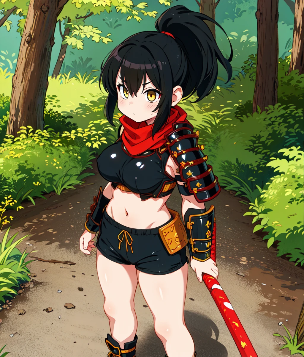 anime screencap, masterpiece, best quality, detailed face, detailed eyes, 1girl, solo, black hair. yellow eyes, ponytail, black costume, samurai armor, red carf, big breasts, shorts, full body, standing, cowboy shot, forest, outdoors <lora:Izumi:0.8>