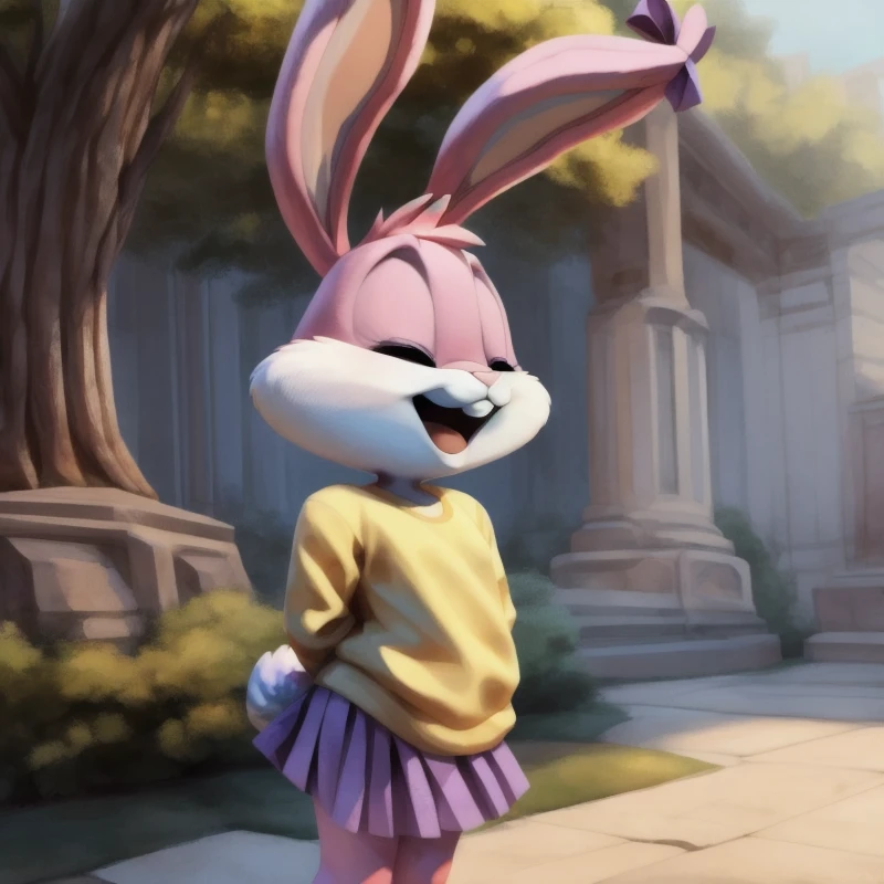 <lora:BabsBunny_v8.1:0.8>, <lora:GoodHands-beta2:1>, <lora:Furtastic_Detailer:0.7>, Babs, bunny, girl, eyes closed, mouth open, Pink eyelids, rabbit teeth, pink nose, pink body, pink head, pink ears, pink legs, white cheeks, white feet, white tail, erect ears, yellow T-shirt, purple skirt, purple bows on the ears, hands behind back, standing, modest, innocent, naive, young, Small body, dwarf, legs without knee
masterpiece, detailed, detailed background, 8k, 4k, detailed shaders