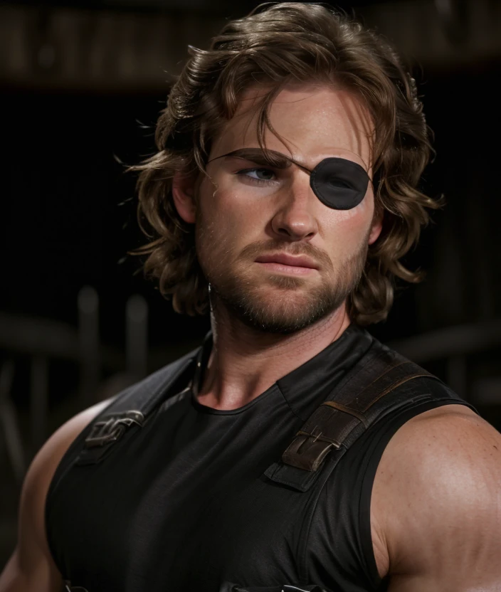 s8n1k, solo, looking at viewer, brown hair, 1boy, upper body, male focus, sleeveless, facial hair, scar, eyepatch, beard, realistic