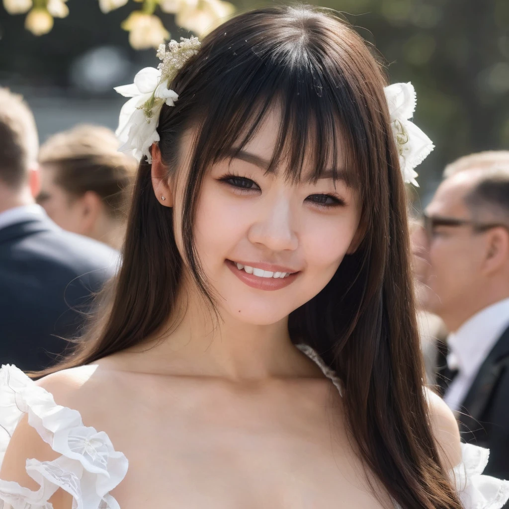 Ultra-realistic extremely high quality breathtakingly detailed 8k photo of <lora:tsubomi woman:1> looking cute in a frilly dress, (extremely eyes, teeth and detailed facial features)