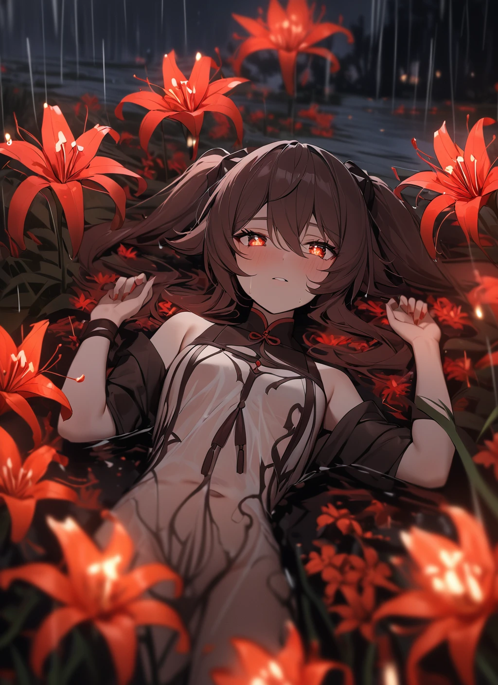 masterpiece, best quality, 1girl, hutao \(genshin impact\) \(cosplay\),  red spider lily, (fire:1.2) flowers, blurry, field, (water:1.2), bare shoulder, rain, moonlight, looking at viewer, pov, (on back:1.2), see-through, twintails, flower-shaped eyes <lora:lily_style_xl:0.8>