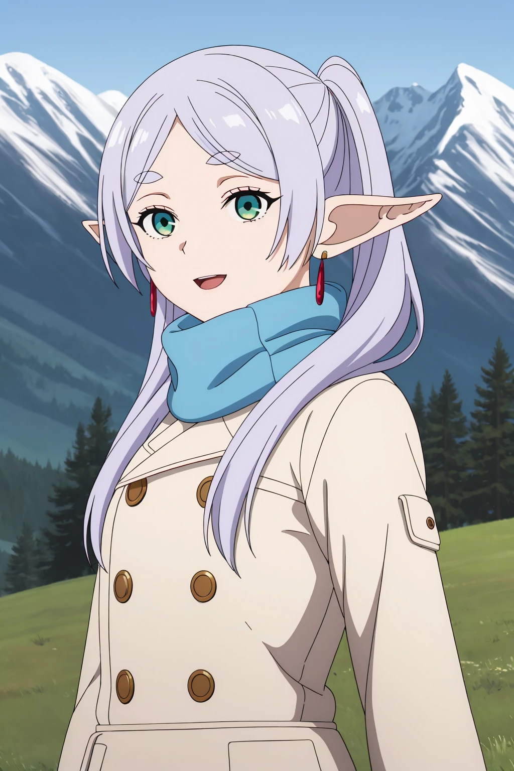 ((best quality)),((highly detailed)),masterpiece,absurdres,detailed face,beautiful face,(detailed eyes, deep eyes),1girl((dynamic pose)), <lora:FrierenV1:0.7>, Frieren, pointy ears, solo, scarf, blue scarf, twintails, green eyes, outdoors, earrings, jewelry, long hair, open mouth, white hair, smile, upper body, elf, looking at viewer, buttons, coat, bangs, parted bangs, day, thick eyebrows, mountain background, white coat, winter clothes, snow, sidelocks, short eyebrows, grass, jacket, nature