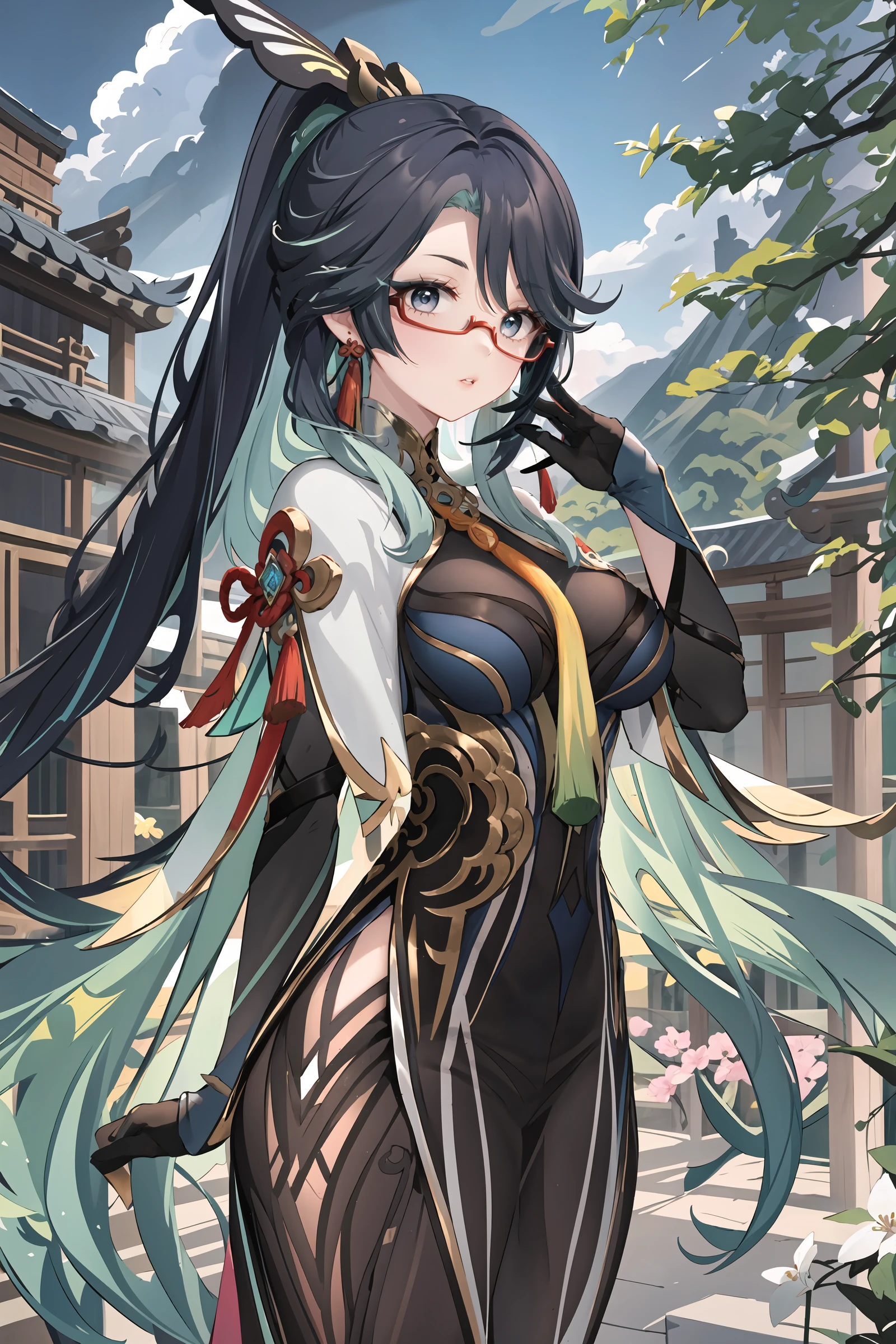 Bblack hair, round glasses (pink eyes), ((white bows on the head)), imperial chinese hairstyle, gorgeous face, looking to the down, view from below, brush in hand