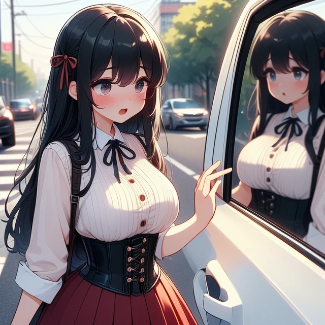 (((masterpiece))),  (((best quality))),  (((looking car glass))),  ((mirror on window)),  longhair,  ribbon,  big tits,  corset,  red pleated shirt,  button skirt,  sweat,  ribbon,  black longhair,  suprise,  open mouth,  shy,  blush,  sidewalk,<lora:EMS-269041-EMS:1.000000>