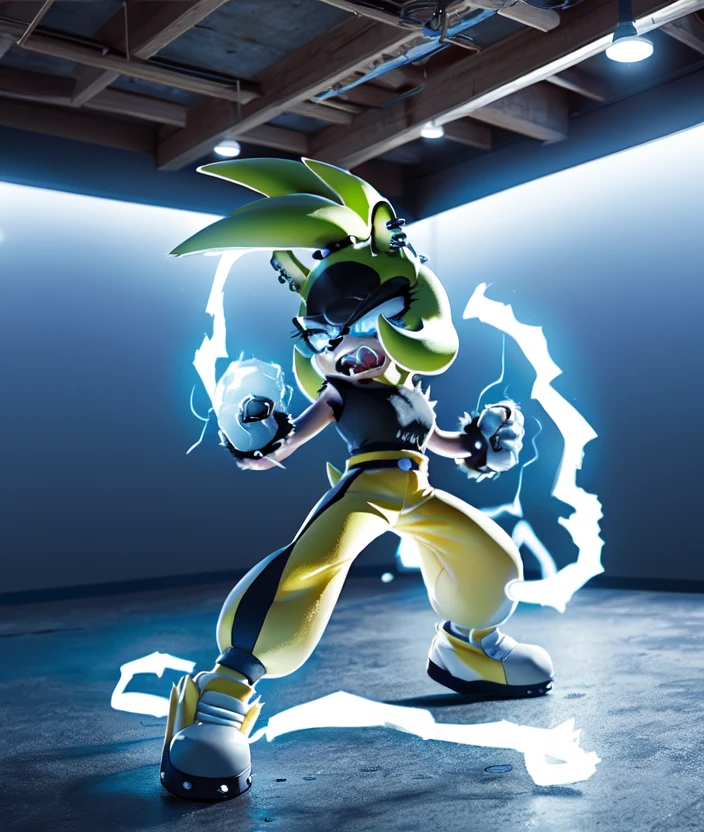 surge the tenrec, female, detailed background, detailed face, blue eyes, sleeveless shirt, yellow pants, gloves, shoes, electrogenesis, electricity, electricity manipulation, angry, narrowed eyes, open mouth, sharp teeth, fightings pose, RAW Photo, realistic <lora:Surge022BB95:1>