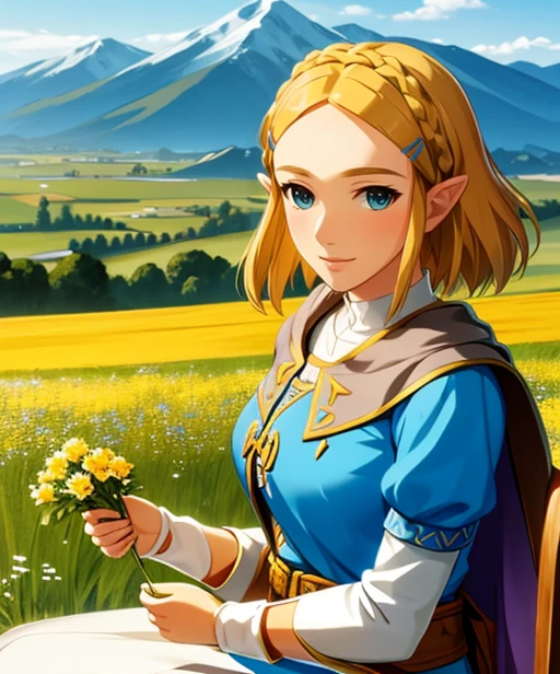 portrait, (adult woman), sitting, picking flowers, (1girl, solo), smile, (blonde hair), ((field, rolling hills)), (distant mountains), ((best quality, high detail)), ((masterpiece)),  <lora:zelda_shorthair_v5:0.4> zelda\(princess\), hairclip, cape, <lora:1_koizumiamane_20e:1>