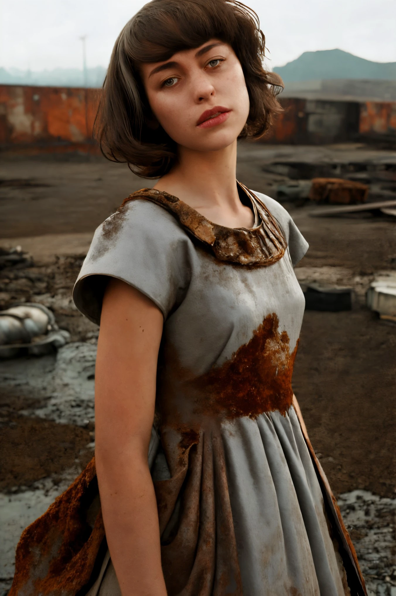 kimbra face closeup, , beautiful, closeup, upper body,
,,
resonant,
Gray modest dress,
highres, detailed, , realistic,
Post-apocalyptic wasteland and rusted structures at the background, best quality, masterpiece, <lora:kimbra:0.90>