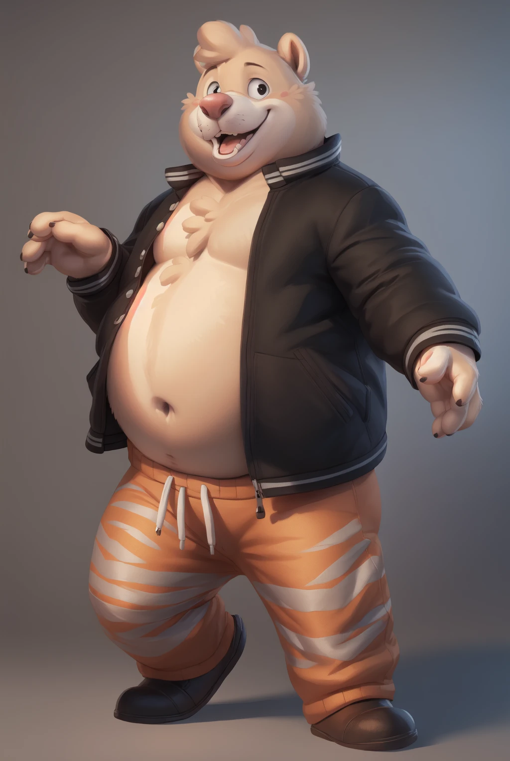 <lora:pile-08:1>, pilebitc, male, solo, chubby male, belly, (pose:1.3), (posing:1.3), (soft shading), 4k, hi res, ((detailed face, black eyes, detailed)), by zackarry911, by zaush, (by personalami:0.5), solo, looking at viewer, smile, simple background, long sleeves, 1boy, navel, standing, jacket, full body, male focus, open clothes, hand up, open jacket, blue background, white border, waving, letterman jacket