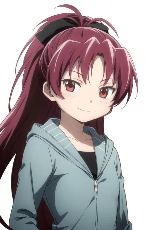 solo, 1girl, looking at viewer, sketch, flat colors, 2D, anime, anime coloring, upper body, (solid white background:1.3), <lora:kyouko-madomagi-01:0.8>, kyouko sakura, hoodie, smile