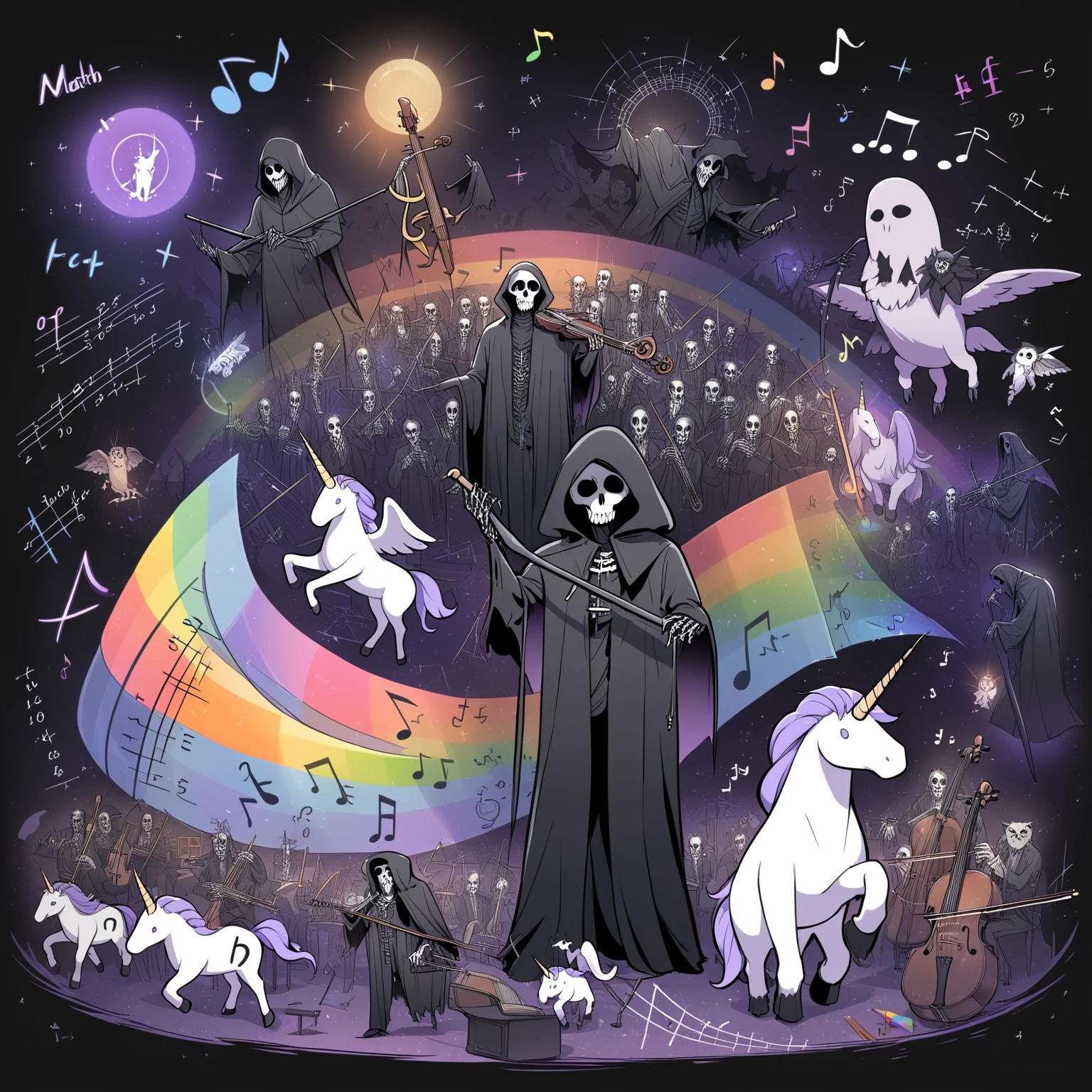 musical notes of rainbow light, grim reaper, orchestra, metal, unicorn, math, owl