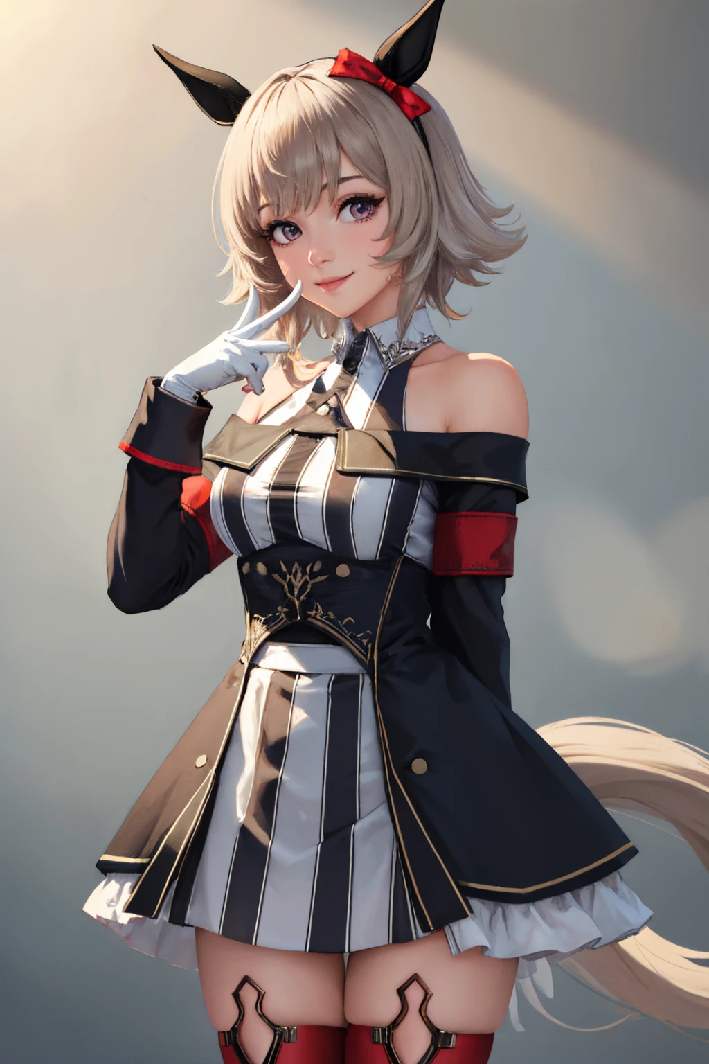(masterpiece, best quality:1.2), solo, 1girl, currenchan, smile, looking at viewer, finger to mouth, horse ears, ear bow, off-shoulder jacket, long sleeves, striped dress, white gloves, red thighhighs, horse tail, bare shoulders <lora:umamusume_currenchan-10:1>
