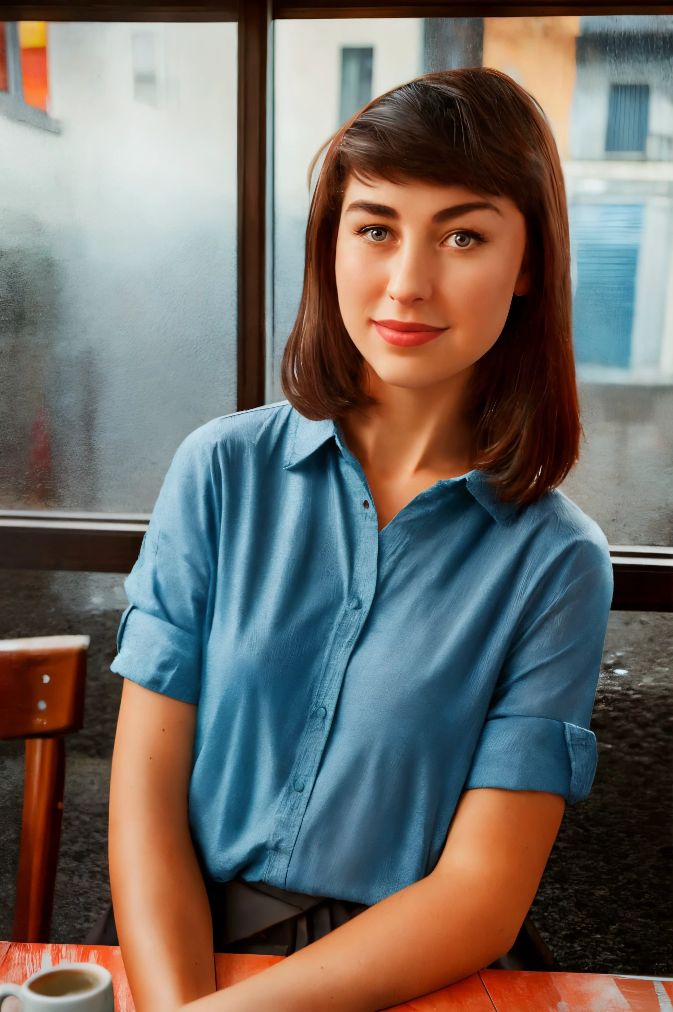 kimbra face closeup, ,  gorgeous,  closeup, upper body, 
aleksei gilev style,Polaroid,
matte,
Blue shirt, 
 highres, detailed, , realistic, 
Cozy coffee shop and rainy day at the background, best quality, masterpiece,   <lora:kimbra:0.75>
