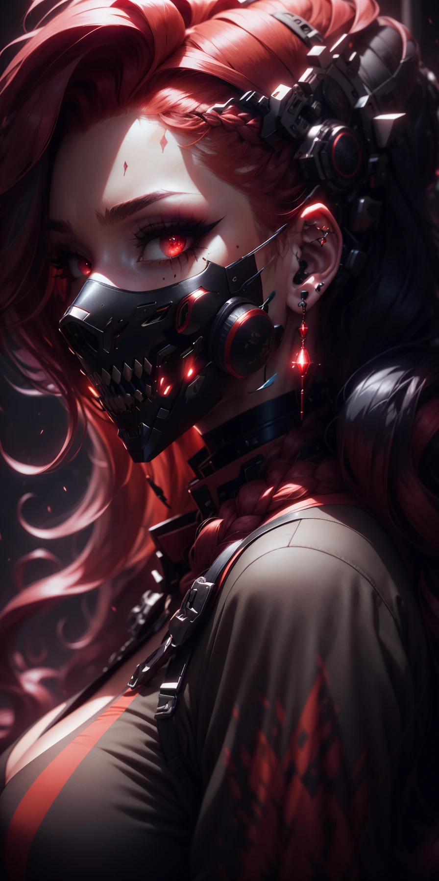 1girl,  solo,  looking at viewer,  black hair,  red eyes,  upper body,  braid,  red hair,  multicolored hair,  mole,  from side,  two-tone hair,  mole under eye,  makeup,  mask,  scar,  piercing,  ear piercing,  portrait,  eyeshadow,  hair behind ear,<lora:EMS-269066-EMS:1.000000>,<lora:EMS-62703-EMS:0.300000>