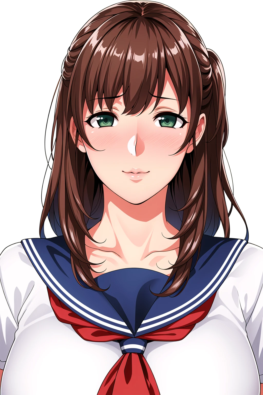 Simple White Background,
school uniform, serafuku, blue sailor outfit, white shirt,short sleeves,collarbone,
<lora:Kaede_Kasuga_Puberty-KK77-V1:0.5>,pleated skirt, red neckerchief,
Green eyes, brown hair,bangs,Long hair,white ribbon,braid,
<lora:Oda_Non_Style-KK77-V2:0.5>,<lora:more_details:0.1>,
1 girl, 20yo,Young female,Beautiful long legs,Beautiful body,
Beautiful Nose,Beautiful character design, perfect eyes, perfect face,expressive eyes,perfect balance,
looking at viewer,(Focus on her face),closed mouth, (innocent_big_eyes:1.0),(Light_Smile:0.3),
official art,extremely detailed CG unity 8k wallpaper, perfect lighting,Colorful, Bright_Front_face_Lighting,White skin,
(masterpiece:1.0),(best_quality:1.0), ultra high res,4K,ultra-detailed,
photography, 8K, HDR, highres, absurdres:1.2, Kodak portra 400, film grain, blurry background, bokeh:1.2, lens flare, (vibrant_color:1.2),professional photograph,
(Beautiful,large_Breasts:1.4), (beautiful_face:1.5),(narrow_waist),