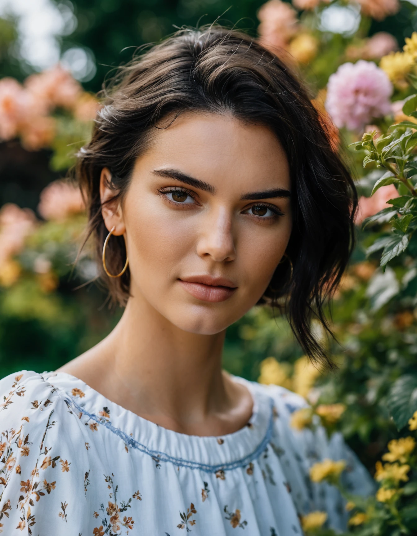 cinematic photo professional fashion close-up portrait photography of a beautiful (((ohwx woman))) at domestic garden during the day, Nikon Z9  <lora:kendalljenner_dh128_v1d:1> . 35mm photograph, film, bokeh, professional, 4k, highly detailed