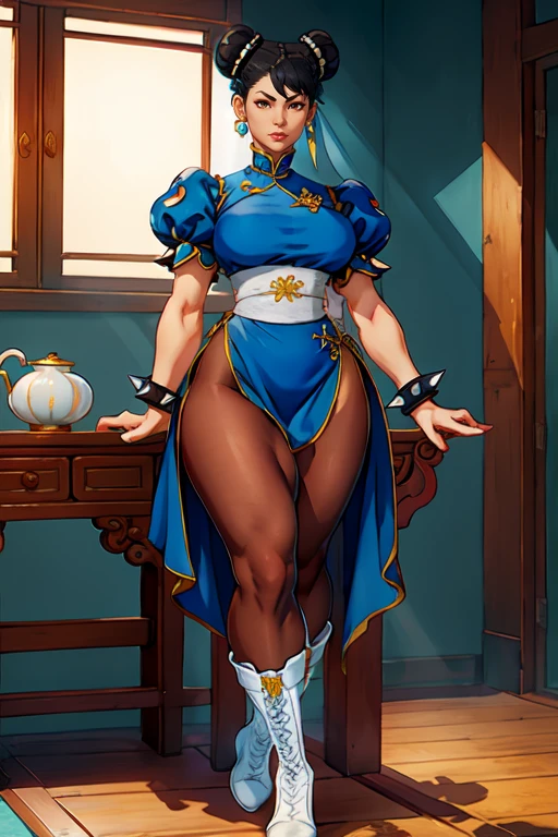 masterpiece,best quality,extreme detail,8k,<lora:chunli-12:0.6>,chunli3, 1girl, solo, breasts, black hair, dress, jewelry, full body, short sleeves, pantyhose, thighs, earrings, boots, puffy sleeves, hair bun, bracelet, puffy short sleeves, sash, double bun, muscular, blue dress, thick thighs, chinese clothes, white footwear, china dress, pelvic curtain, spikes, brown pantyhose, bun cover, spiked bracelet