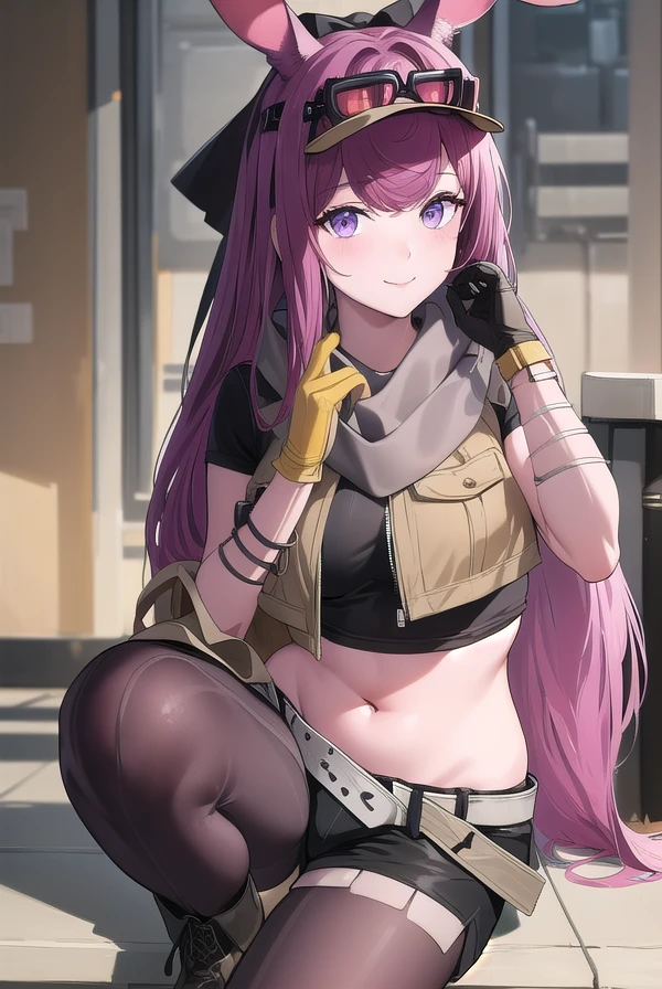 ((masterpiece)),(best quality),official art,extremely detailed CG,unity 8k wallpaper,ultra detailed,beautiful detailed eyes,extremely detailed face,1girl,solo,upper body,(portrait:1.2),looking at viewer,smile,ray (arknights),official alternate costume,animal ears,rabbit ears,visor cap,goggles on head,very long hair,purple hair,hair intakes,bangs,purple eyes,grey scarf,crop top,midriff,short sleeves,large breasts,brown gloves,navel,groin,white belt,black shorts,black pantyhose,bag,black footwear,boots,<lora:ray(ark):1>,