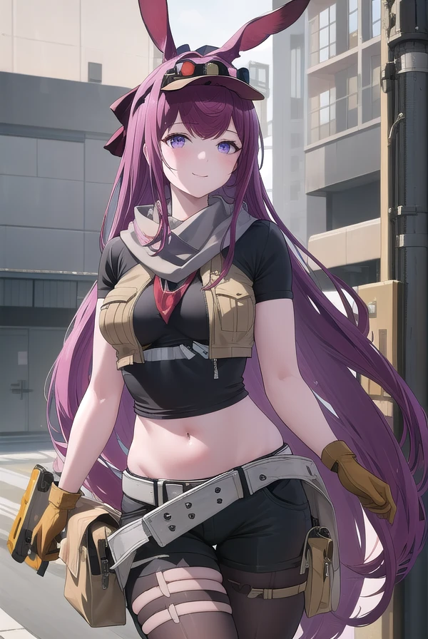 ((masterpiece)),(best quality),official art,extremely detailed CG,unity 8k wallpaper,ultra detailed,beautiful detailed eyes,extremely detailed face,1girl,solo,(portrait:1.5),looking at viewer,smile,ray (arknights),official alternate costume,animal ears,rabbit ears,visor cap,goggles on head,very long hair,purple hair,hair intakes,bangs,purple eyes,grey scarf,crop top,midriff,short sleeves,large breasts,brown gloves,navel,groin,white belt,black shorts,black pantyhose,bag,black footwear,boots,<lora:ray(ark):1>,