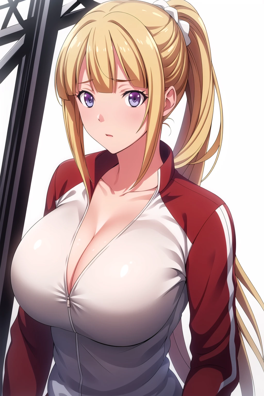 Simple White Background,
Red gym uniform,Red Jacket,collarbone, long sleeves, cleavage,
<lora:Karuizawa_Kei_youzitsu-KK77-V1:0.7>,
blue eyes, blonde hair,blunt bangs,ponytail,hair ornament,
<lora:Oda_Non_Style-KK77-V2:0.3>,<lora:more_details:0.1>,
1 girl, 20yo,Young female,Beautiful long legs,Beautiful body,
Beautiful Nose,Beautiful character design, perfect eyes, perfect face,expressive eyes,perfect balance,
looking at viewer,(Focus on her face),closed mouth, (innocent_big_eyes:1.0),(Light_Smile:0.3),
official art,extremely detailed CG unity 8k wallpaper, perfect lighting,Colorful, Bright_Front_face_Lighting,White skin,
(masterpiece:1.0),(best_quality:1.0), ultra high res,4K,ultra-detailed,
photography, 8K, HDR, highres, absurdres:1.2, Kodak portra 400, film grain, blurry background, bokeh:1.2, lens flare, (vibrant_color:1.2),professional photograph,
(Beautiful,large_Breasts:1.4), (beautiful_face:1.5),(narrow_waist),