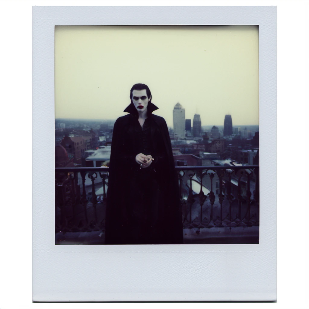 polaroid of A vampire, looking pensively at the city skyline from a gothic balcony.  <lora:Polaroid_XL:1>