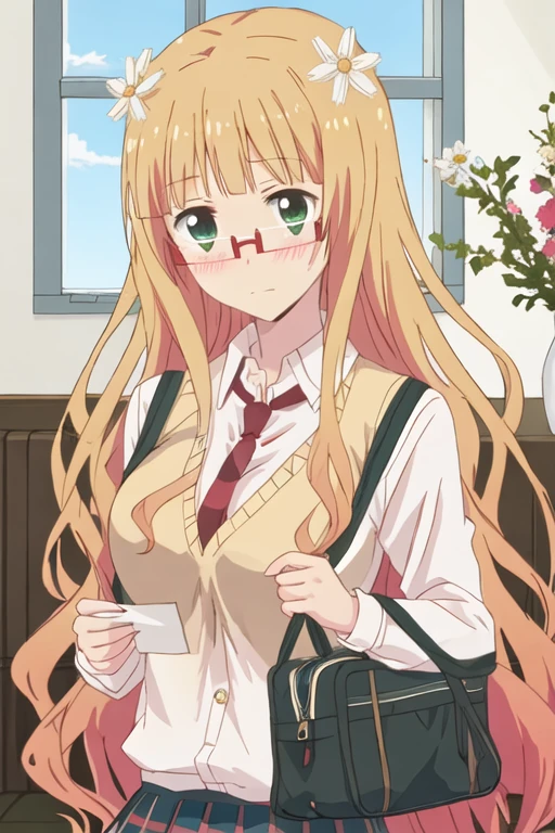 best quality, masterpiece, highres, solo, {mitsuki_sonoda_sakuratrick:1.15}, blonde_hair, glasses, flower, blush, hair_flower, hair_ornament, long_hair, green_eyes, red-framed_eyewear, 1girl, looking_at_viewer, necktie, parody, school_uniform
