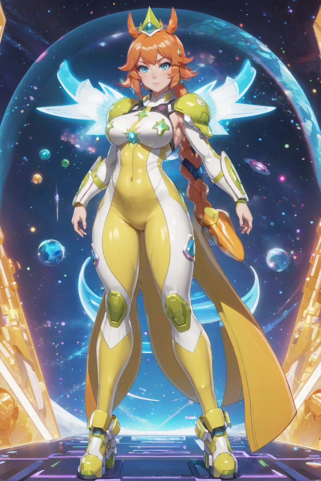 cel shading, 1girl, woman, scifi, crystalcore, star empress, full body, wearing ultra deep color:lightyellow jumpsuit, bombshell hair, ultra light color:mistyrose and orange hair, parted bangs, thicc athletic build, large breasts, caucasian