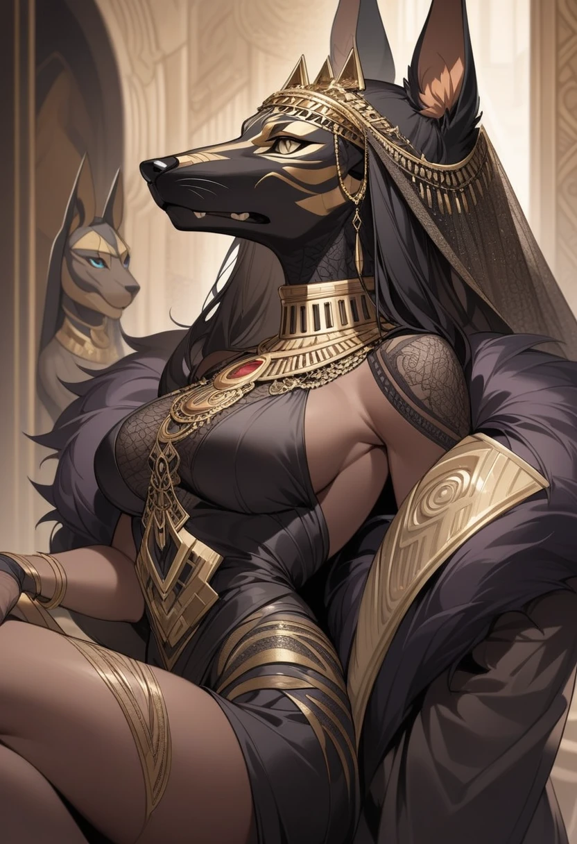snout, black fur, (woman:0.5), Anubis, intricate, elegant