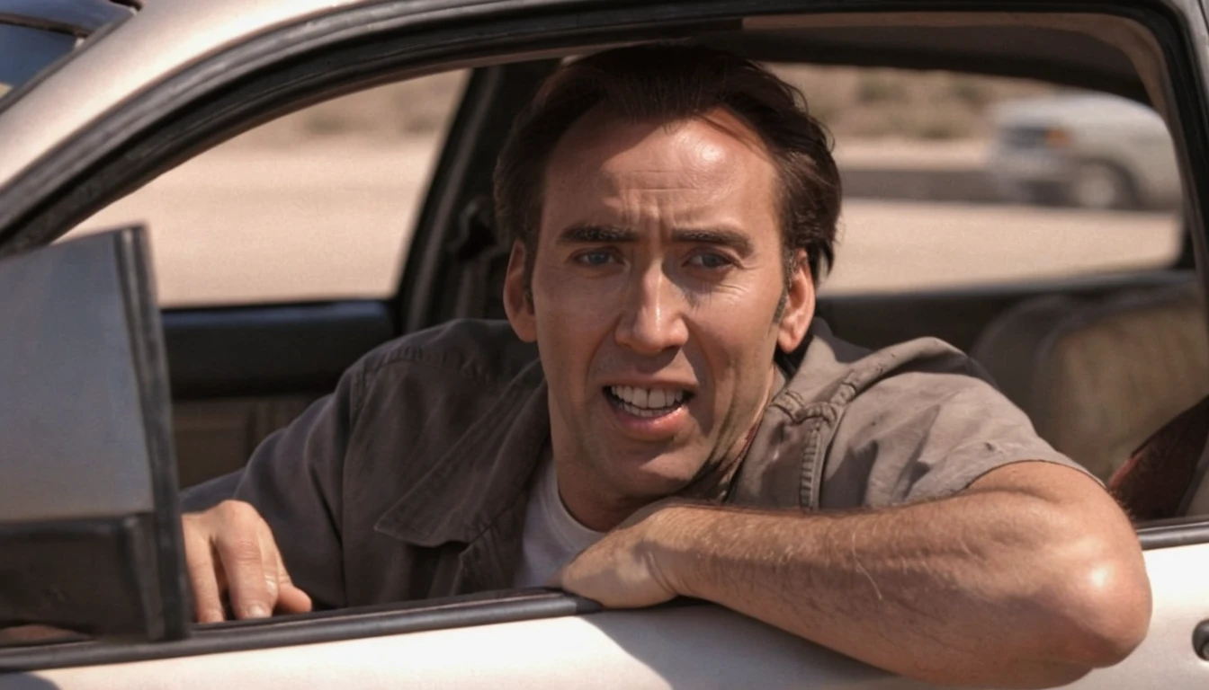<lora:Nick Cage - SDXL - Trigger w Nickcage Person:1> (laughing:2) A deleted scene from the movie "Raising Arizona" featuring nickcage person. He's seen in a car, talking to his wife. They are having an argument., (heavy film grain:2)