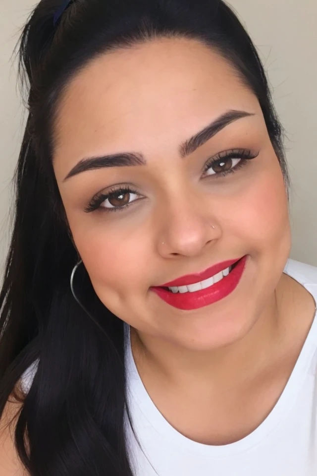 Photo of m3l4nc14ndr3ss4 woman, smiling, plain tshirt, makeup, latina++ woman, ponytail, lipstick