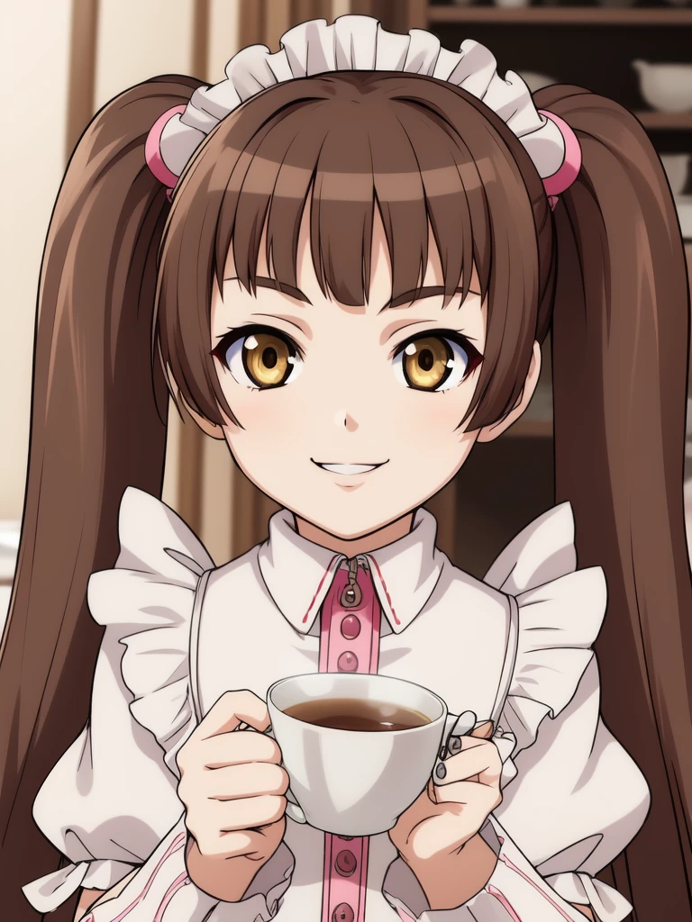 <lora:Amy:0.8>ãAmy, 1girl, soro,ãbrown hair, twintails, long hair, brown eyes,  yellow eyes, bangs,  hair ornament,smile,
Gothic Maid, cafe, tea,
masterpiece, high quality, very_high_resolution, large_filesize, full color,