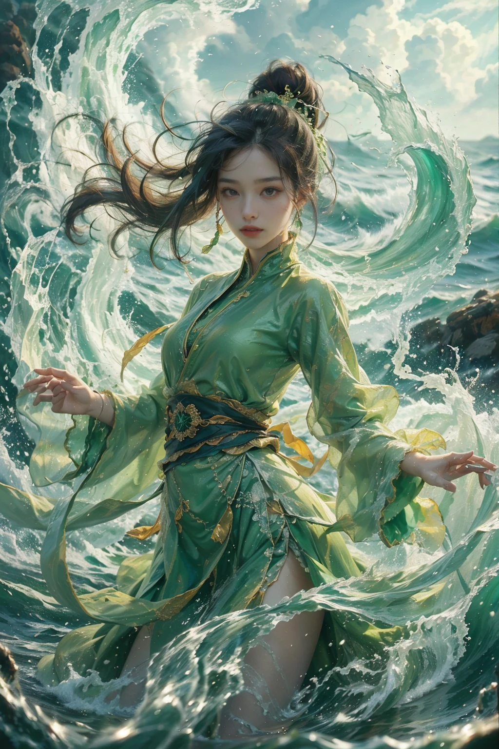haifeisiv6,woman in a green dress in the middle of a wave,xianxia fantasy,ultra realistic digital painting,nezha,yuan - ti,movie promotional image,sea - green and white clothes,beautiful avatar pictures,hyper realistic color photo,official illustration,
Best quality,masterpiece,ultra high res,<lora:20240118-1705551743354-0015:0.65>, unique composition, accepted, beautiful light, inspiring, innocent, pretty, attractive, delicate, coherent, perfect, detailed, artistic, sharp focus, inspired, rich deep vivid colors, amazing, illuminated, magical, marvelous, colorful, elegant, complex, glowing, friendly