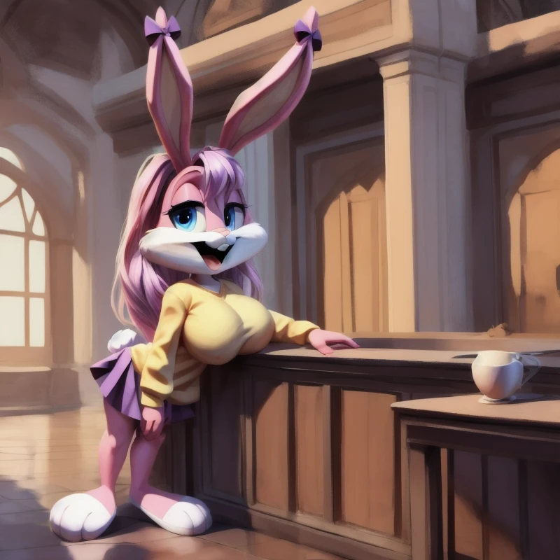 <lora:BabsBunny_v8.1:0.8>, <lora:GoodHands-beta2:1>, <lora:Furtastic_Detailer:0.7>, Babs, bunny, girl, blue eyes, pink nose, Pink eyelids, rabbit teeth, pink body, pink head, pink ears, pink legs, white cheeks, white feet, white tail, one ear is down, mouth open, yellow T-shirt, purple skirt, purple bows on the ears, large breasts, standing, leaning on the table, long hair, adult, adult
masterpiece, detailed, detailed background, 8k, 4k, detailed shaders