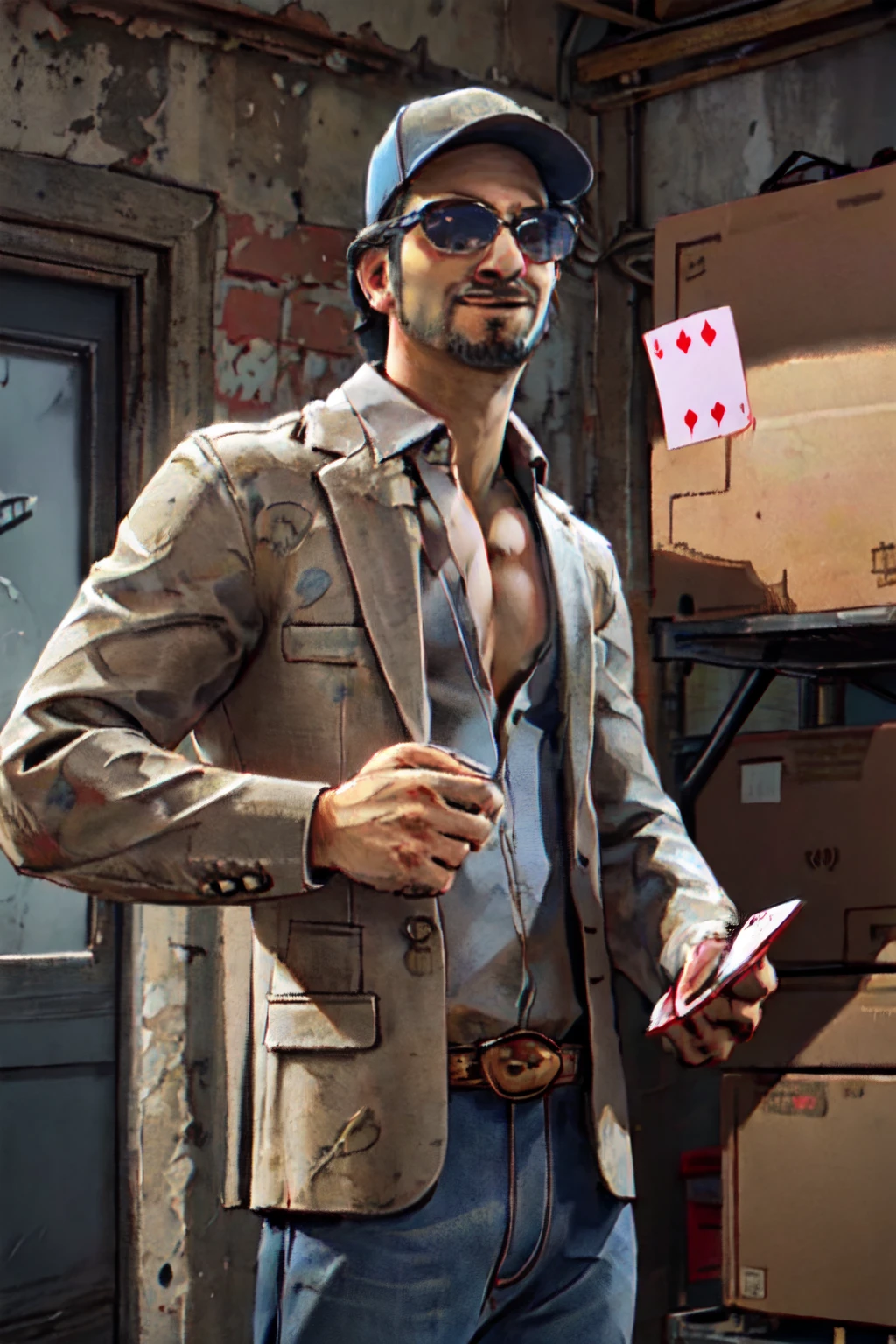 1boy,  solo,  Ace Visconti,  Dead By Dayligh,  Argentinian of Italian descent,  gambler,  grey-streaked hair,  facial hair,  sunglasses,  (cap),  damask print shirt,  (open shirt),  bare chest,  classic jacket,  jeans,  mature,  manly,  masculine,  handsome,  charming,  alluring,  dashing,  smirk,  (standing),  (upper body in frame),  dark background,  fog,  dark atmosphere,  cinematic light,  perfect anatomy,  perfect proportions,  perfect perspective,  8k,  HQ,  (best quality:1.5,  hyperrealistic:1.5,  photorealistic:1.4,  madly detailed CG unity 8k wallpaper:1.5,  masterpiece:1.3,  madly detailed photo:1.2),  (hyper-realistic lifelike texture:1.4,  realistic eyes:1.2),  picture-perfect face,  perfect eye pupil,  detailed eyes,  realistic,  HD,  UHD,  portrait,  looking outside frame,  side view,  dynamic,  cinematic,  floating poker cards, best quality,<lora:EMS-269078-EMS:0.800000>