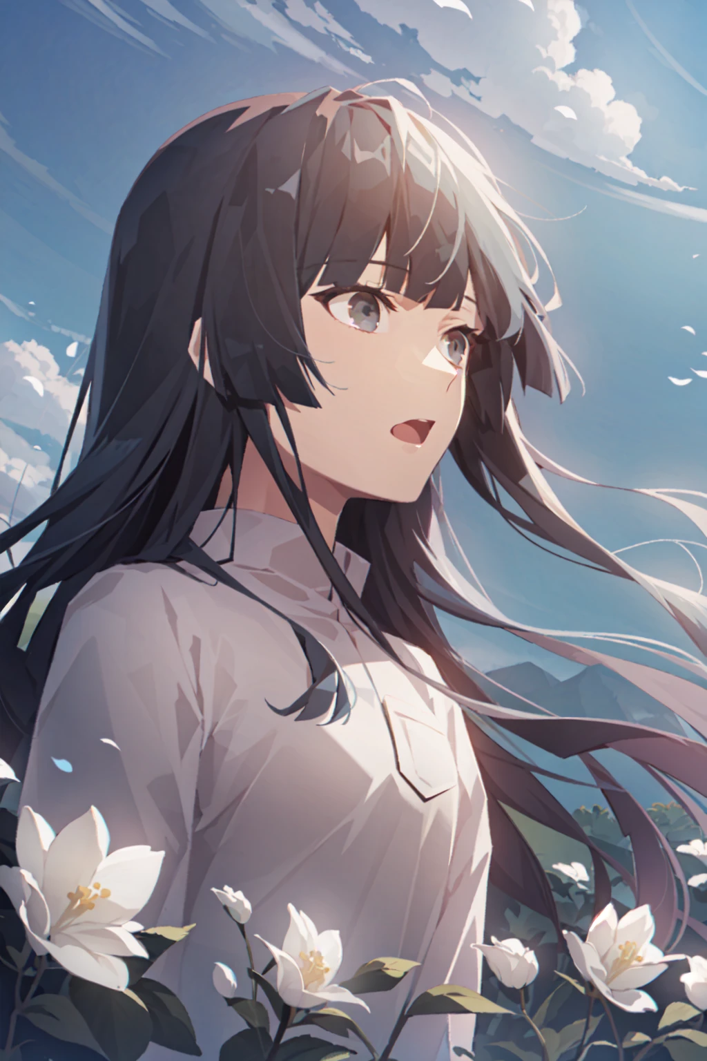masterpiece,best quality, solo, eda, 1girl, grey eyes, bangs, black hair, <lora:Eda_24_Jan18-000040:0.6>,upper body, white flower,sing, blue sky, cloud,