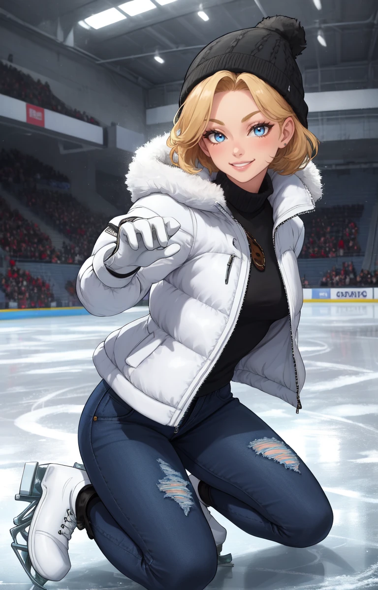 masterpiece, best quality, intricate, absurdres, 1girl, solo, looking at viewer, cowboy shot, smile, blond hair, short hair, blue eyes, winter clothes, white jacket, jeans, gloves,  fur trim, closed jacket, leaning forward, kneeling,  on ice, ice, ice skating, dynamic pose, from side, beanie, smile, excited, bracelet,  indoors, ice skating hall, ice skates,