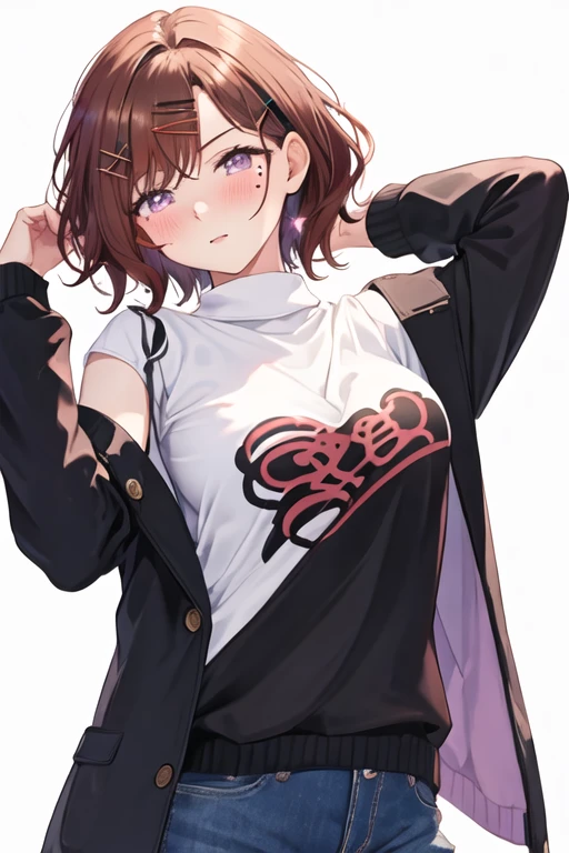 best quality, masterpiece, highres, solo, {higuchi_madoka_theidolmstershinycolors:1.15}, short_hair, brown_hair, mole, mole_under_eye, bangs, hair_ornament, hairclip, purple_eyes, blush, breasts, 1girl, shirt, looking_at_viewer, simple_background, upper_body, white_shirt, white_background, sweater, long_sleeves