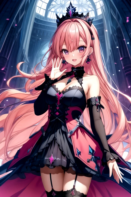 runie, 1girl, bangs, bare shoulders, black dress, black legwear, breasts, cleavage, collarbone, crown, detached sleeves, dress, earrings, full body, garter straps, hair between eyes, jewelry, long hair, looking at viewer, medium breasts, nail polish, open mouth, pink hair, simple background, solo, thighhighs, very long hair
  <lora:add_detail:0.7>,  <lora:Runie-PC:1>, ((cowboy shot, waving hand)), best hands, hands that are good