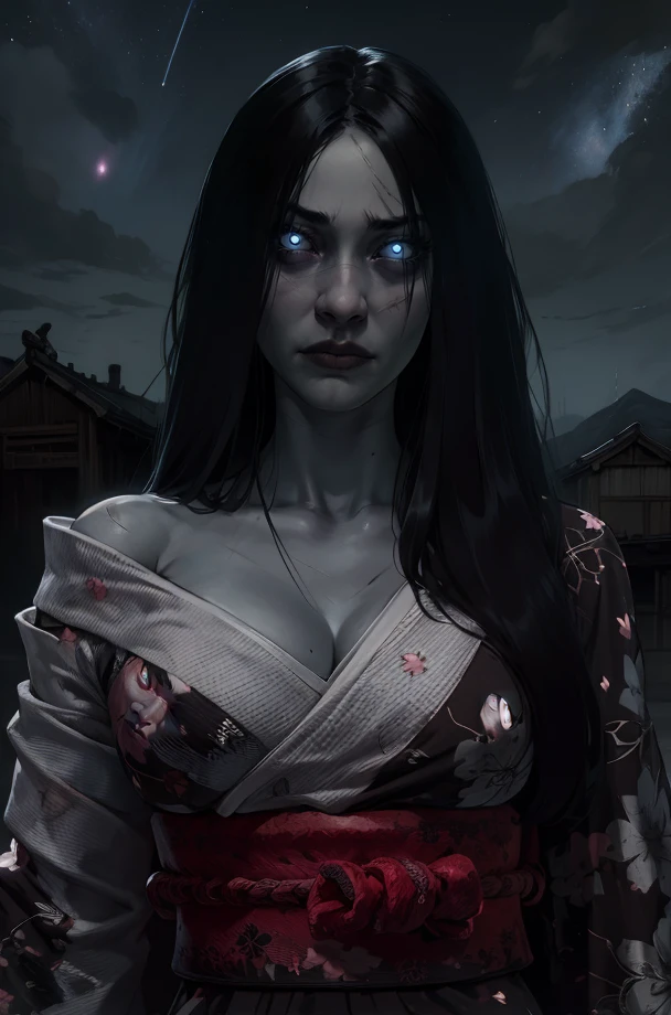 Hisako,grey skin,long hair,hair over one eye,black sclera,glowing white eye,scars,
red kimono,floral print,off shoulder,torn clothes,head tilt,cleavage,
japanese ghost village,night sky,from below,
standing,upper body,
(insanely detailed, beautiful detailed face, masterpiece, best quality) solo,<lora:Hisako-11KIv9:0.8>,